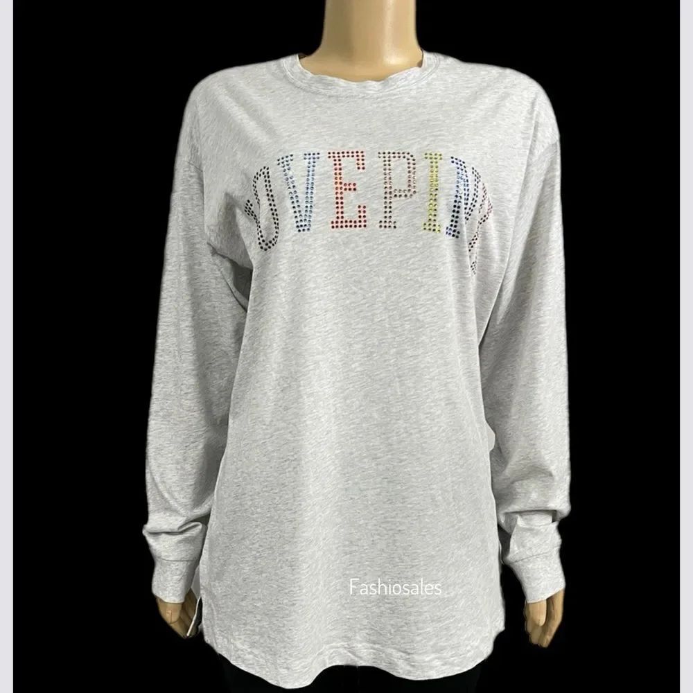 Victoria’s Secret Pink bling Rhinestone Logo Long Sleeve T-shirt Light Gray Xl